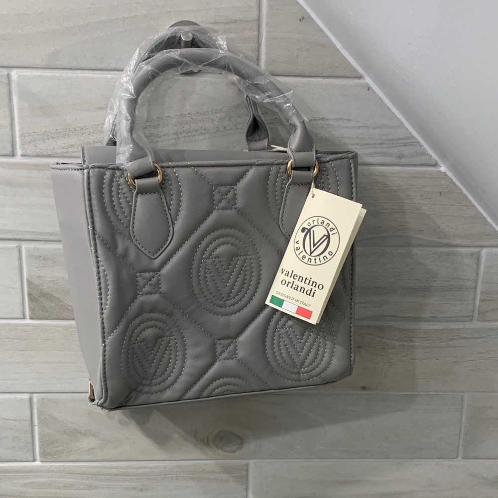 Valentino Orlandi Gray Quilted Satchel with Gold-Tone Hardware